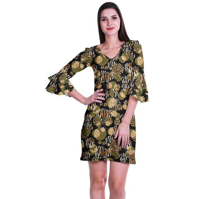 Moomaya Robe Courte Imprimée pour Femmes, Manches Évasées, Coupe Droite, Robes pour Femmes, Vêtements d'Été Décontractés