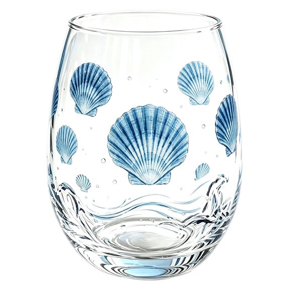 EGNMCR Verre à Vin Sans Pied à Thème Aquarelle Impression Bleue Gobelet Transparent Style Nautique de Plage Tasse en Verre pour Eau Vin un Verre