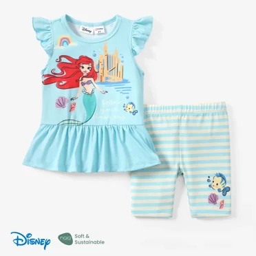 Disney Princess T-Shirt Graphique à Volants pour Filles Leggings Rayés Shorts Ensemble Estival 2 Pcs Tailles 2-6