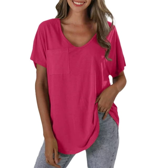 Yubnlvae T-Shirt Décontracté à Poche à Manches Courtes pour Femmes, T-Shirt Décontracté à la Mode pour Femmes Uni avec Poche, Liquidation! Uni, Col Rond, Rose Vif, m