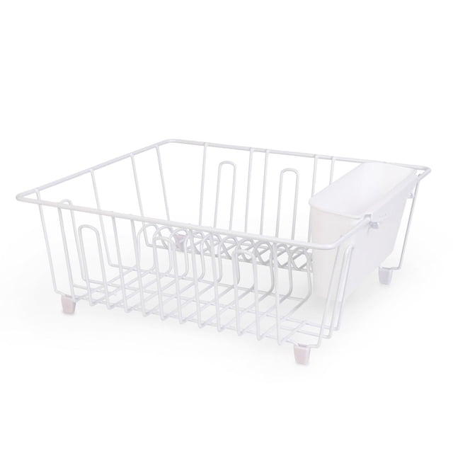 Mainstays Small Chrome Wire Dish Rack in white with a compact rectangular wire frame and attached plastic cutlery cup with protective feet, ideal for kitchenware organization and utensil storage on counters, suitable for small kitchens or apartments.