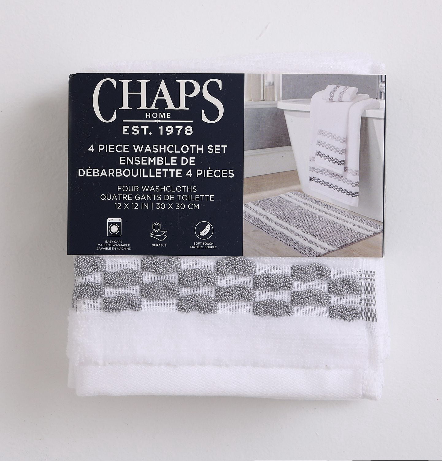 Ensemble de serviettes de luxe Chaps, paquet de 4, gris, 12" x 12"