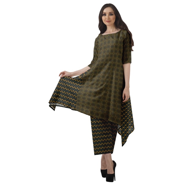Moomaya Kurti Asymétrique avec Ensemble Pantalon Femmes Chanderi Imprimé Tenue de Fête Vêtements