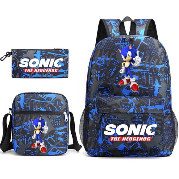 AFeng Gifts Cartoon Sonic Schoolbag Three-piece Set Sonic The Hedgehog Backpack Large Capacity Student Outdoor Computer Canvas Bag