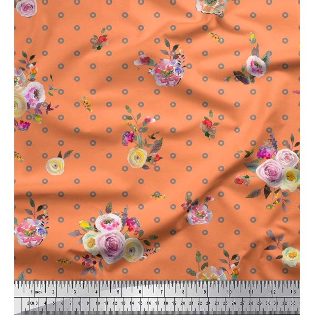 Soimoi Orange polyester Crepe Fabric Leaves,Small Circle & Floral Printed Fabric 1 Yard 52 Inch Wide