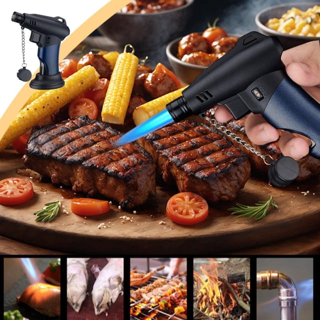 Feltree Briquet au Butane - Briquet de Cuisine Technique Rechargeable - Cuisine avec Verrou de Sécurité et Flamme Modifiable - Torche à Flamme Bleue Super Résistante pour la Cuisine