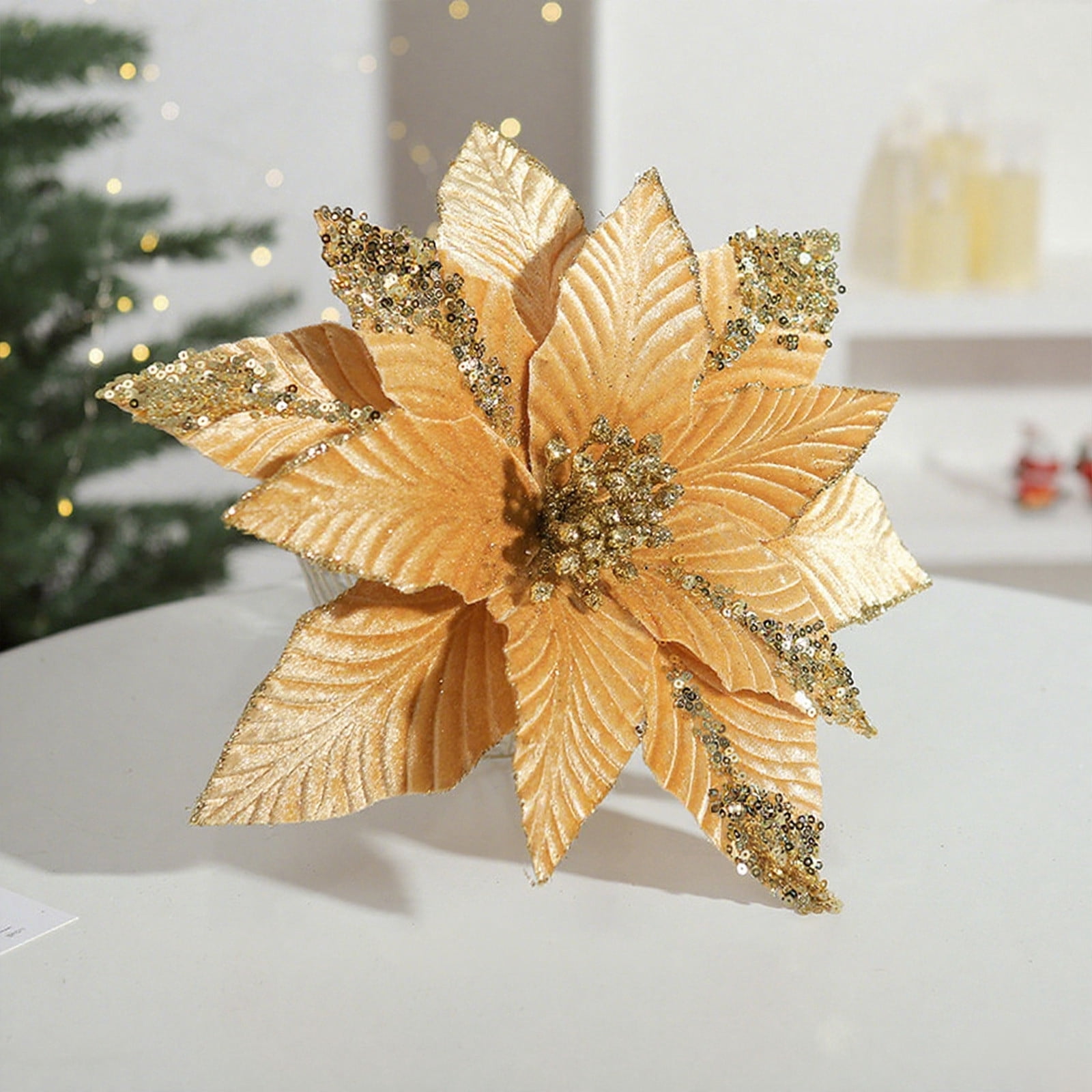 Gold Powder Sequin Velvet Christmas Flower 31cm Simulation Flower Christmas High End Gold Decorative Flower