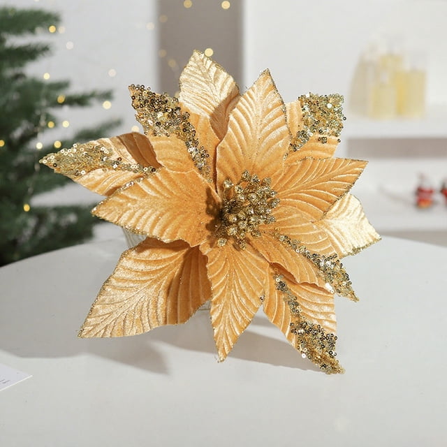 Gold Powder Sequin Velvet Christmas Flower 31cm Simulation Flower Christmas High End Gold Decorative Flower