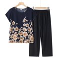 thumbnail image 2 of Mikilon Ensemble Élégant pour Femmes 2 Pcs Coton Lin Costume Deux Pièces Manches Courtes Col Rond Haut Imprimé Pantalon Ensemble Bleu Foncé-B L, 2 of 3