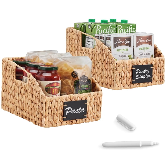 Best Choice Products Hyacinth Angled Pantry Storage Baskets W/ Handles, Chalkboard & Marker (Pack of 2) Natural