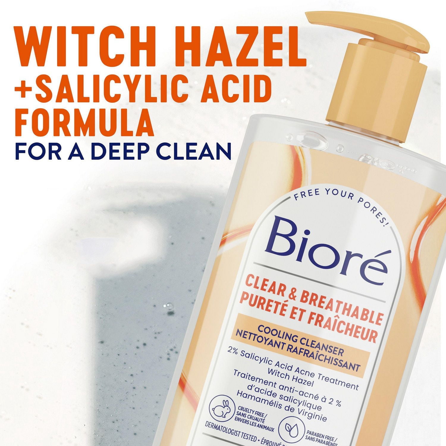 Bioré Pore Clarifying Cooling Cleanser with Witch Hazel, Salicylic Acid Face Wash for Acne Prone Skin, 200mL (Made in Canada)