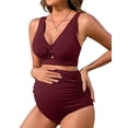 thumbnail image 1 of Charmo V Neck Maternity Swimsuits Ribbed Twist Front Bikini Sets High Waist Pregnancy Bathing Suits for Womens, 1 of 6