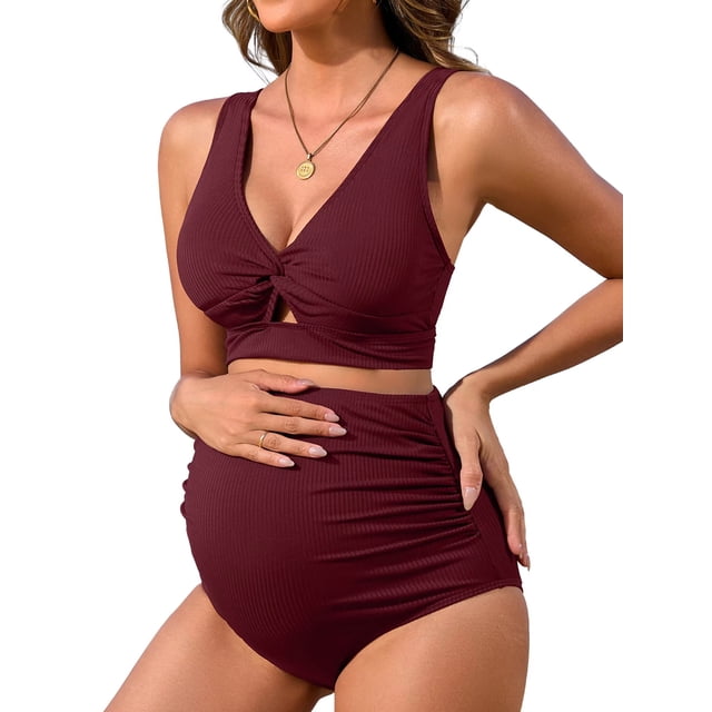 Charmo V Neck Maternity Swimsuits Ribbed Twist Front Bikini Sets High Waist Pregnancy Bathing Suits for Womens