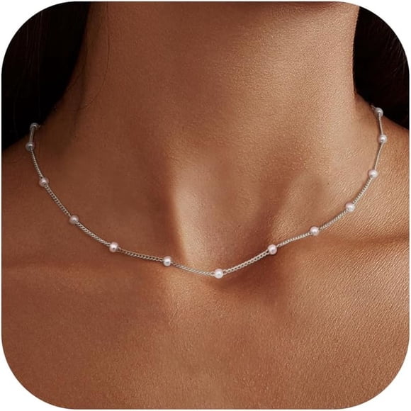 14K Gold Pearl Necklaces for Women Silver Pearl Necklace Choker Pearl Necklaces Chain Necklace Simple Pearl Strand Necklaces Pearl Choker Necklaces for Women Gold Jewelry Gifts