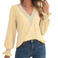 thumbnail image 1 of Womens V- Neck Hollow Lace Stitching Recreational Trumpet Sleeve Long Sleeve Tops, 1 of 1