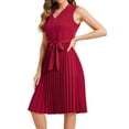 thumbnail image 4 of Unique Bargains Robe Plissée pour Femmes Sans Manches Col en V Ceinture Robe Midi Bordeaux S, 4 of 6