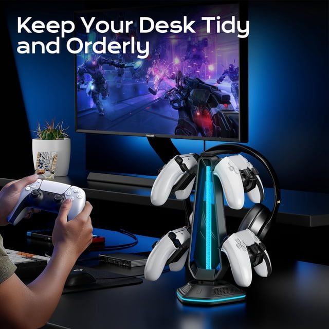 RGB Controller Stand Featuring 9 Lighting Modes, Equipped with 2 USB Ports, And Designed As a Headset Holder for Desks, Compatible with for All Types of Headphones And Controllers