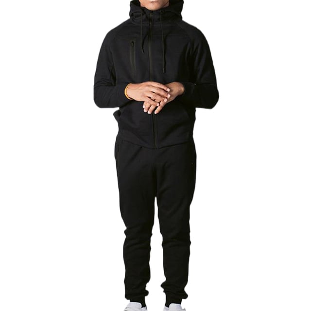LUXUR Mens Hoodies Sweatsuit Hooded Sweatshirts+Pant Outfits Zipper Jogger Sets Regular Fit Tracksuit Set Two Pieces Black XL