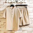 thumbnail image 2 of Two Piece Pants Sets Mens Two Piece Solid Cotton Linen Short Sleeve V Neck Tops and Shorts Set, 2 of 6
