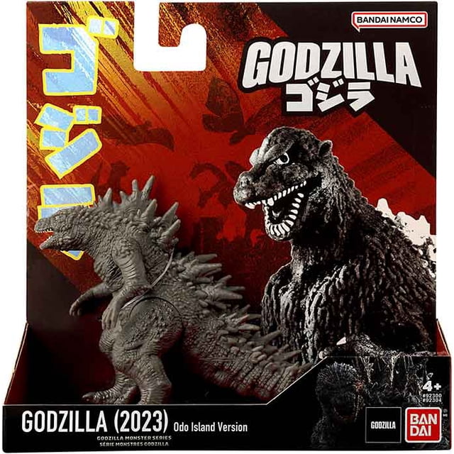 Godzilla 5 Inch Action Figure Soft Vinyl - Godzilla 2023 Odo Island Version by Bandai. This collectible action figure features a detailed design of Godzilla from the 2023 Odo Island version, made of durable soft vinyl. The figure stands approximately 5 inches tall and is packaged in a vibrant L-box with Japanese and English branding. Suitable for play or display, it includes articulated parts for dynamic posing. Safety warning: contains small parts, not suitable for children under 3 years.