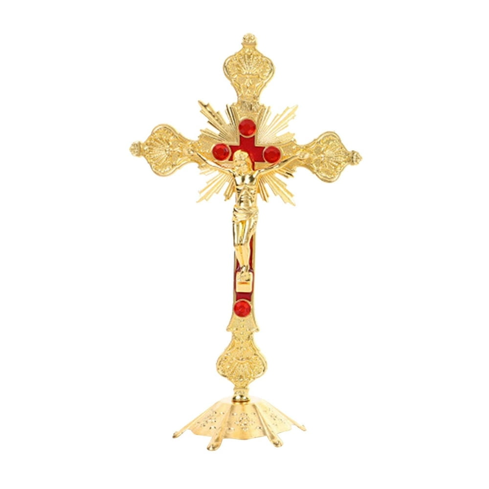 Metal Standing Catholic Christian Altar Home Decoration Chapel Crucifix - Golden