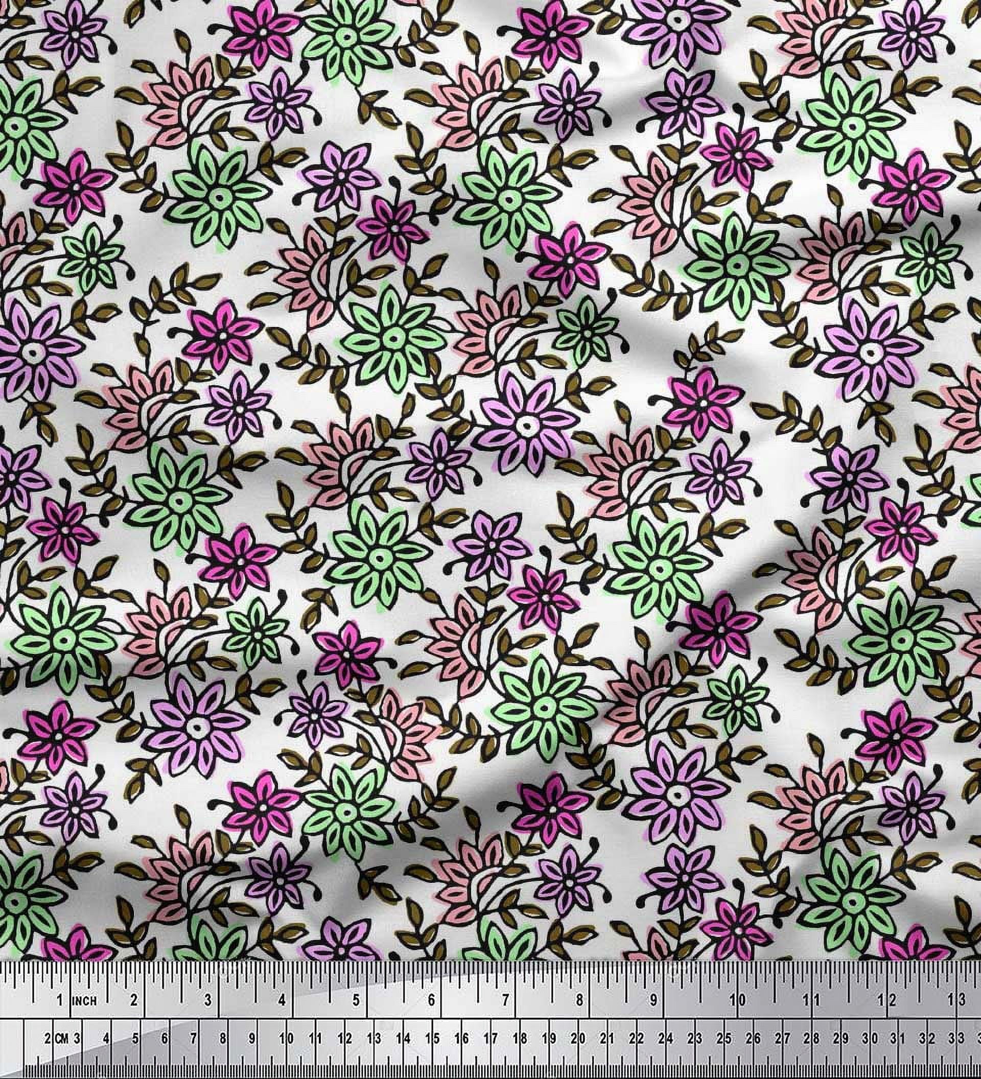 Soimoi Polyester Crepe Fabric Leaves & Floral Block Print Fabric by The Yard 52 Inch Wide