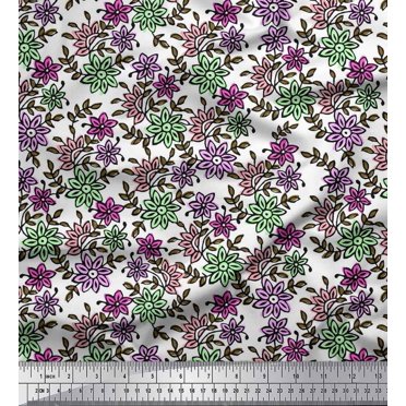 Soimoi Crepe Silk Fabric Leaves & Floral Block Print Fabric by The Yard 42 Inch Wide
