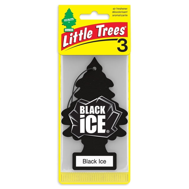 LITTLE TREES air freshener Black Ice 3-Pack showing a black tree-shaped car air freshener with a Black Ice logo in white and grey on the front, packaged in yellow card with the Little Trees brand name and hanging hole, designed to freshen automotive interiors with a long-lasting citrus and cedarwood scent, also suitable for small enclosed spaces.