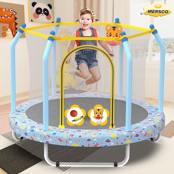 Mersco Trampoline 55 Pouces pour Tout-Petits, Mini Trampoline avec Filet de Sécurité et Panier de Basket, Cadeau d'Anniversaire, Imprimé