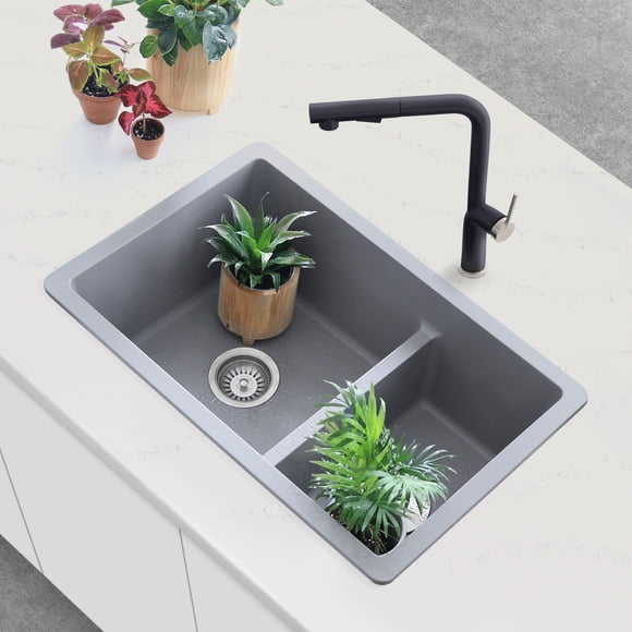 Stylish Dual Mount 27" Gray Composite Granite Double-Bowl Kitchen Sink with 2 Accessories S-827L