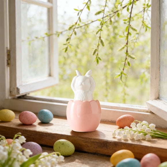 Ceramic Rabbit Ornament,Porcelain Modern White Rabbit Easter Decorations, Ceramic Bunny Egg Ornaments,Porcelain Rabbit Figurines On Egg Sculpture,Whimsical Easter Decor for Desk Living Room Bedroom