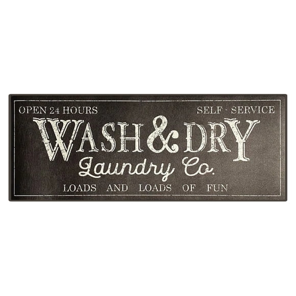 Long Laundry Room Mat with "SELF SERVICE LAUNDRY OPEN 24 HOURS" 16"x47", Non Slip Heavy Duty Rug, Plush Velvet Floor Mat for Utility Room, Machine Washable PVC Backing