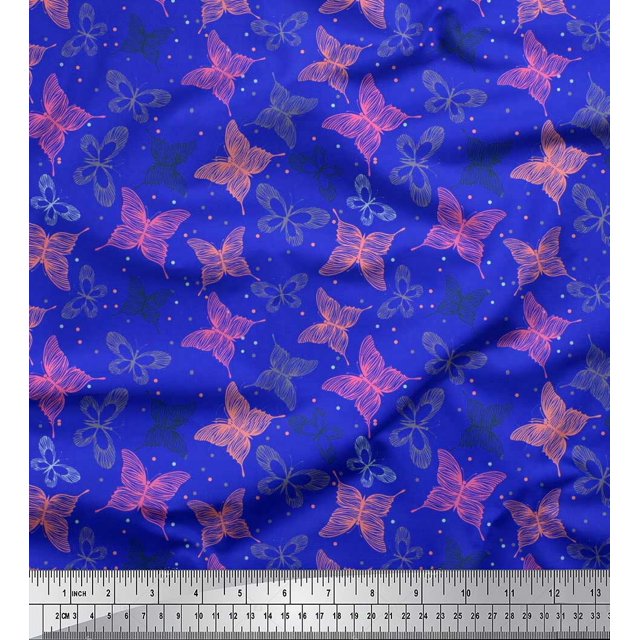Soimoi Poly Georgette Fabric Dot & Butterfly Printed Fabric 1 Yard 52 Inch Wide