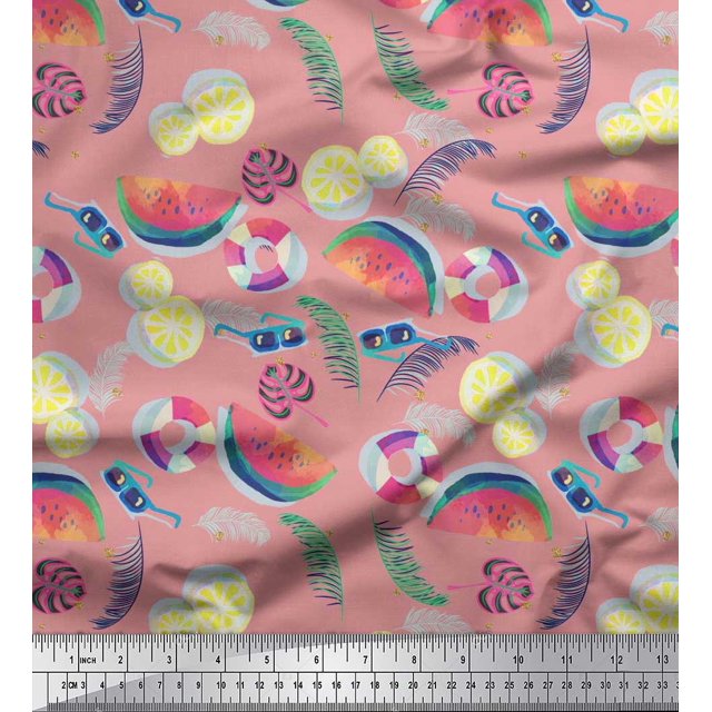 Soimoi Poly Georgette Fabric Fruits,Swim Ring & Goggles Summer Designs Decor Fabric Printed Yard 52 Inch Wide