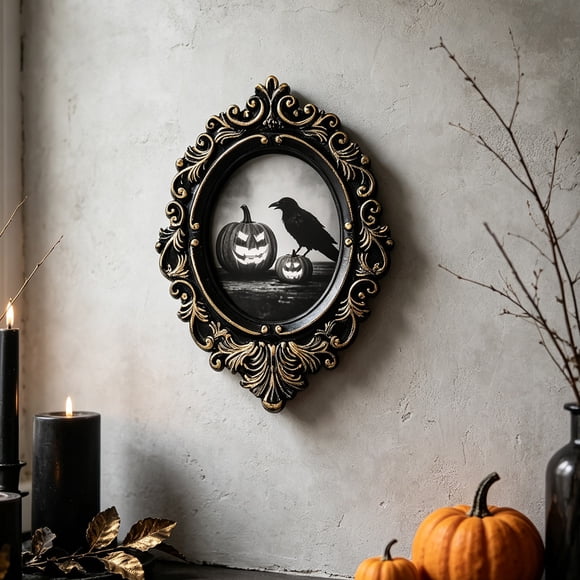 Vintage Baroque Picture Frame Gothic Black Gold Embossed 3D Deep Shadow Box Display Frame Halloween Decor DIY Dried Flower Art Craft Halloween Decoration Frame Indoor Home Wall Tabletop Festive