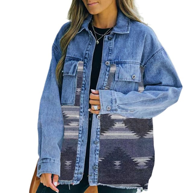 Qudderr Veste en Denim pour Femmes Ample à Empiècements Manteau en Jean Motif Géométrique Long Manteau de Cowboy Manteau d'Extérieur Printemps Automne à Revers Boutonné Manteau pour Femmes P-TG