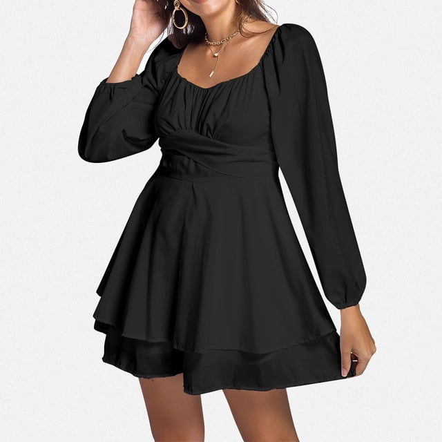 TrendOFT Combinaison Décontractée d'Été pour Femme Ample Unie à Manches Longues à Volants Superposés à Nouer Mini Courte Salopette Combishort pour Femme Noir TTG