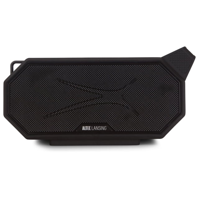 Altec Lansing Hydra Boom 2.0 Speaker front view of a black portable Bluetooth speaker with an octagonal shape, textured grille with a subtle X pattern, Altec Lansing logo at the bottom center, and a rubberized corner tab for mounting or carrying, suitable for wireless audio and outdoor use.