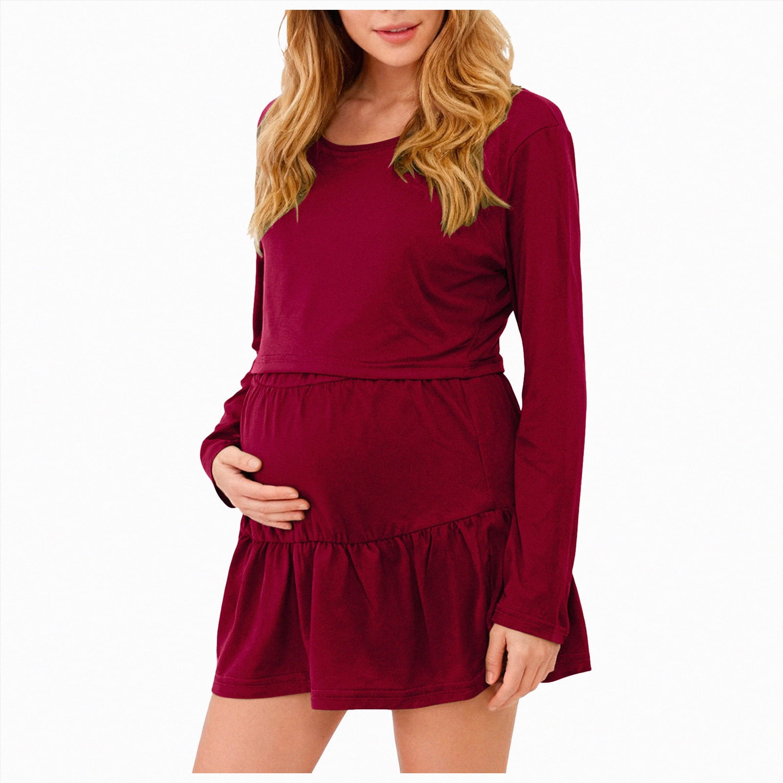 WUANDIXFA Fall Maternity Dress Maternity Dress Comfortable Soft Fashionable Solid Color Maternity Round Neck Dress Wine,3XL