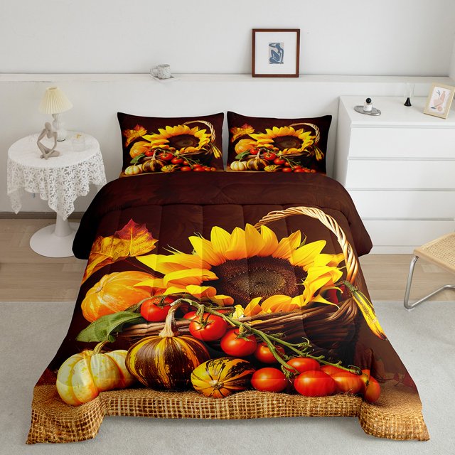YST Literie Citrouille de l'Action de Grâce Simple pour Garçons Filles Enfants Ensemble de Douillette Récolte d'Automne Citrouille Colorée Feuilles d'Érable Ensembles de Douillette Literie Rustique de Ferme Ensemble de Lit Tournesol 1 Taie d'Oreiller