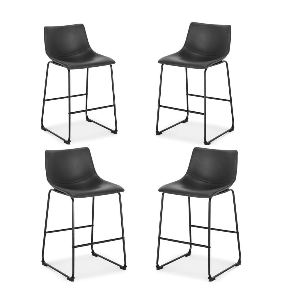 Tabouret Landon Plata Import avec cuir PU et cadre en acier enduit de poudre noir mat, ensemble de 4 pour salle à manger