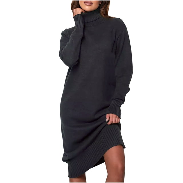 cfhntfmh Robes Chandails pour Femmes Tricot Doux Col Montant Manches Longues Robe Chandail Fête Décontractée Couleur Unie Robe Mini