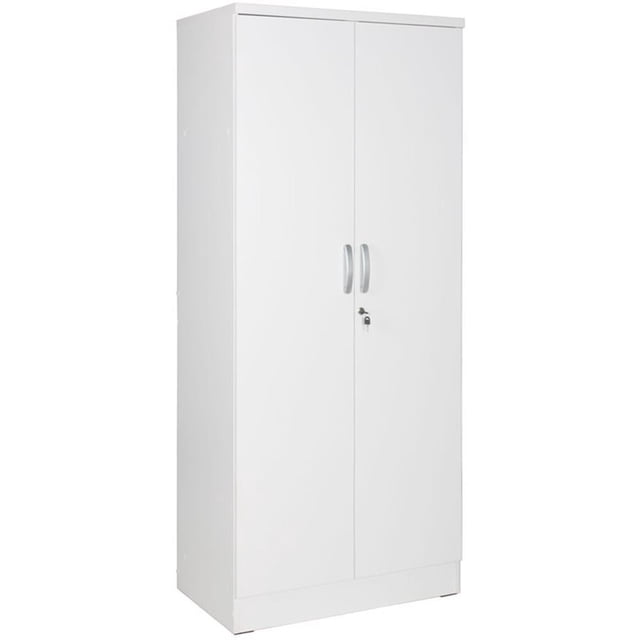 Pemberly Row Armoire Garde-Robe Moderne en Bois à Deux Portes en Blanc. une Armoire Haute et Rectangulaire en Bois d'Ingénierie Laminé Robuste avec une Finition Blanche. Comprend Deux Portes Verrouillables avec des Poignées à Barre en Plastique Argenté, une Tablette Fixe, Trois Tablettes Amovibles et une Tringle à Vêtements à Barre Croisée Robuste. Comprend des Charnières Réglables de Style Européen et un Revêtement en Mélamine durable Résistant aux Taches, à la Chaleur et aux Égratignures. Idéal pour le Rangement de Chambre Ou l'Organisation des Vêtements et du Linge. Dimensions : 72 Pouces de Haut, 31