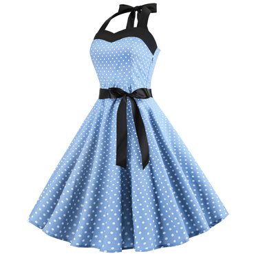 Robe à Pois pour Femmes Mode Robe Évasée Vintage pour Femmes à Encolure Licou avec Nœud Robe de Bal Évasée à Manches Courtes Robe de Fête à Pois Robe à Manches Courtes pour Femmes Robe de Fête pour Femmes