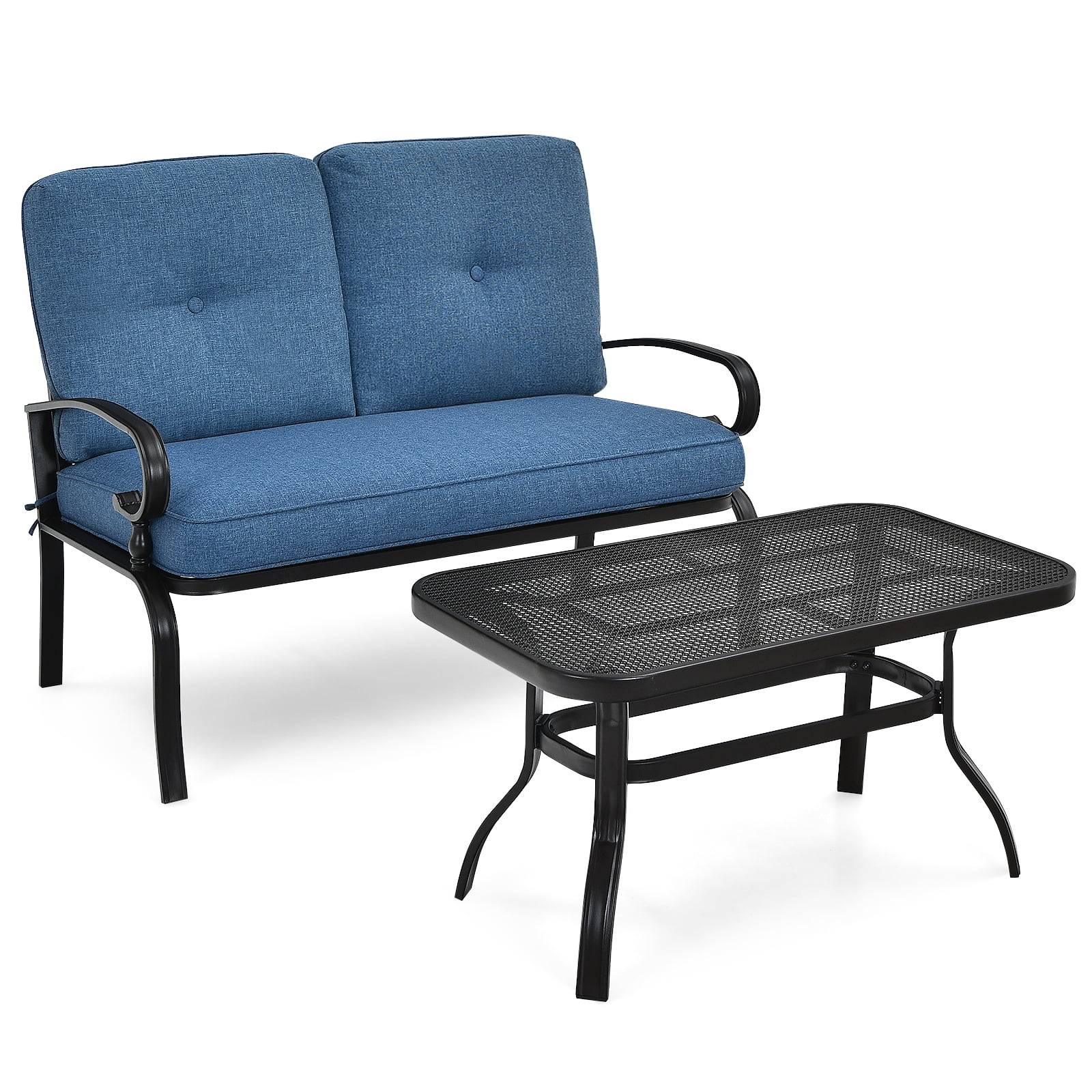 Patiojoy Ensemble de Conversation de Patio 2 Pcs Causeuse d'Extérieur avec Table à Café et Coussins Bleu Marine