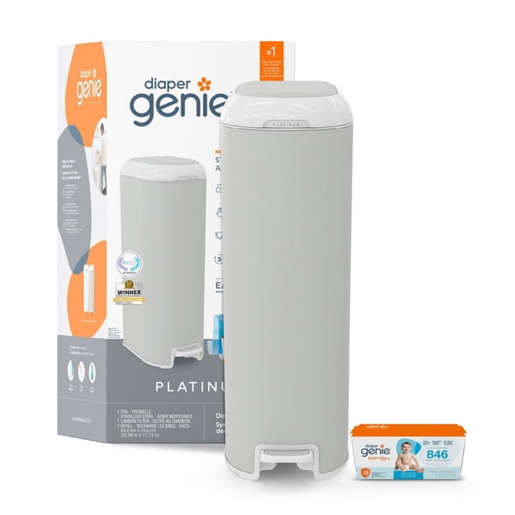 Poubelle à couches Diaper Genie Platinum - Gris mat - Acier inoxydable, pédale, contrôle des odeurs, 18 sacs Easy Roll / contient jusqu’à 846 couches
