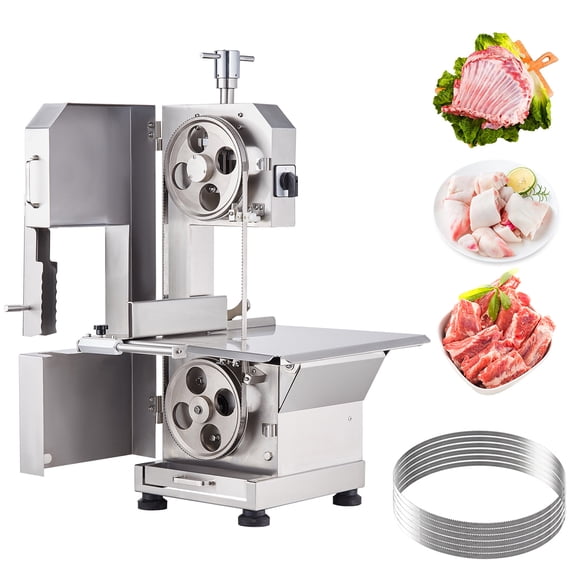 KFFKFF Industrial Electric Meat Band Cutter, 2200W Stainless Steel Tabletop Bone Slicing Unit, Workspace 18.5" x 20.9", 0-7.1 Inch Slice Depth, Frozen Meat Slicer Including 6 Blades for Rib Pork Beef