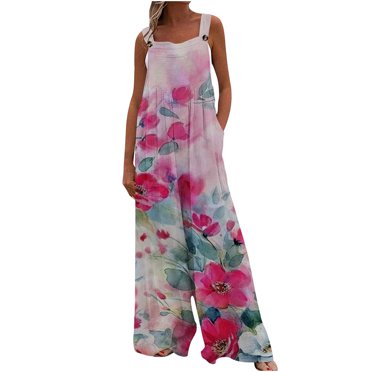 RKSTN Jumpsuits for Women Casual Buttons Sleeveless Wide Leg Trousers Boho Floral Printed Pleated Casual Rompers