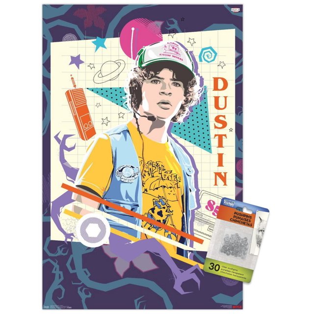 Netflix Stranger Things : Saison 3 - Affiche Murale Dustin, 14,725 Po x 22,375 Po Encadrée, Représentant un Graphique de Dustin en t-shirt Jaune avec une Impression de Dessin Animé, un Gilet Bleu et une Casquette Blanc-Vert. l'Arrière-plan Comprend des Étoiles, des Planètes, des Formes Géométriques et le Nom Dustin en Texte orange vertical. Cette Affiche Encadrée Légère Est Facile à Accrocher et Idéale pour la Décoration Murale de Chambre Ou de Bureau.