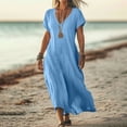thumbnail image 2 of UPPADA Robe d'Été pour Femme Grande Taille en Coton et Lin, Robe Maxi Fluide à Manches Courtes, Robe Décontractée Style Sundress à Col en V, Taille Portefeuille, Robes Fluides de Plage, Robes d'Été pour Femmes de Plus de 50 Ans Bleu, P, 2 of 6